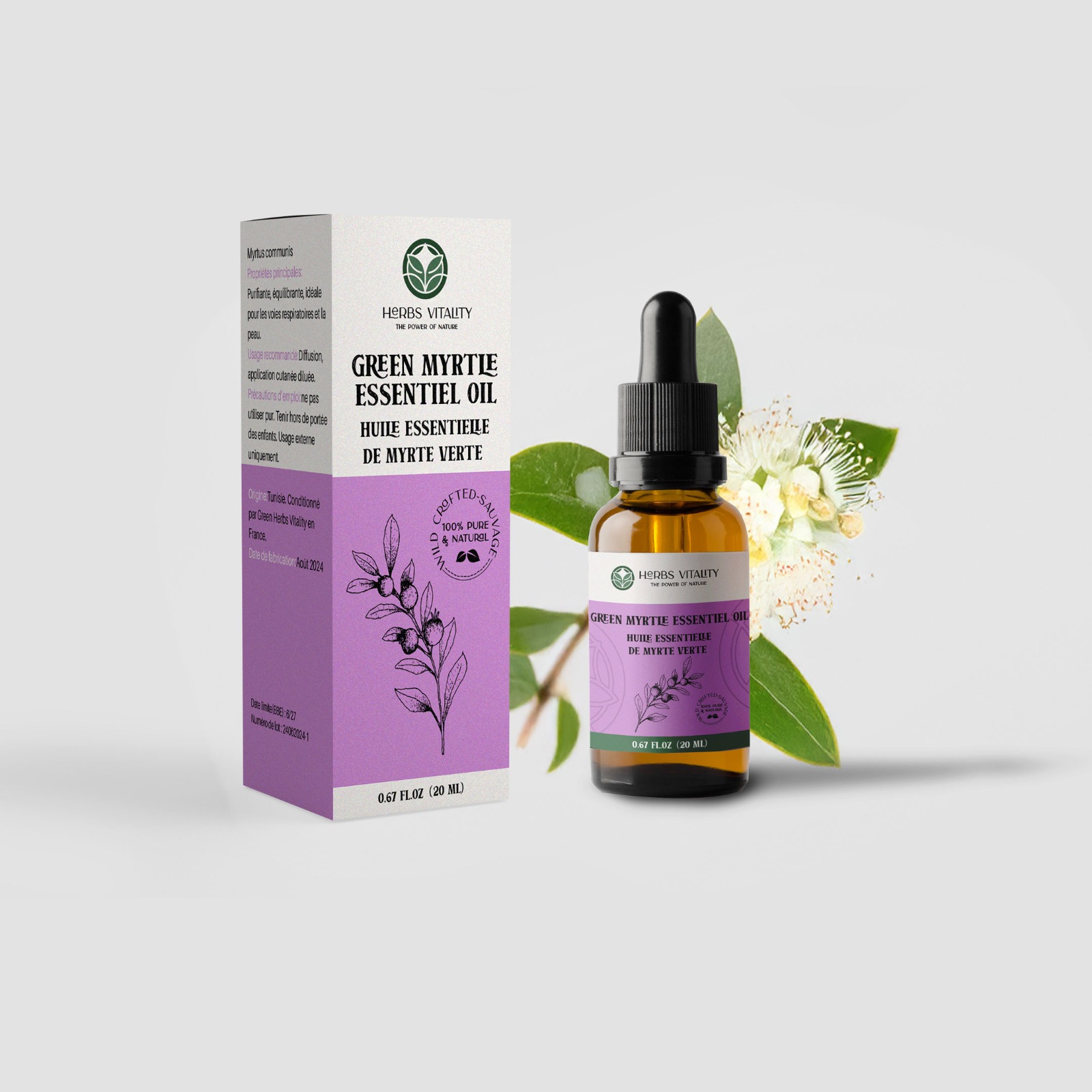 Herbs Vitality Green Myrtle Essential Oil — dropper bottle with box
